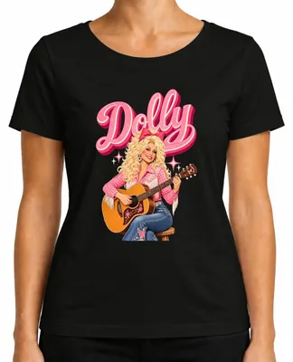 Immagine prodotto di Maglietta da donna, colore nero, taglia M, con immagine di Dolly Parton, cantante di musica country, con chitarra, in stile cowgirl, western, retrò