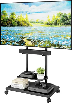 Image de Support mural pour télévision avec barre de son, compatible avec les télévisions de 50 à 90 pouces, jusqu'à 70 kg. Meuble TV pivotant et réglable en hauteur, avec étagère. Gestion des câbles dissimulée