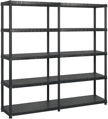 Image de Étagère de rangement en plastique noir, lot de 2 avec 5 étagères, dimensions 183 x 45,7 x 185 cm, capacité de 70 kg par étagère, idéale pour l'atelier, le garage, la cave, pour l'organisation et le stockage
