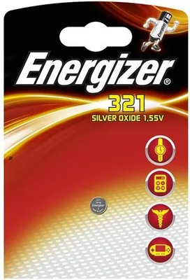 Product packaging for Energizer 321 Silver Oxide batteries.