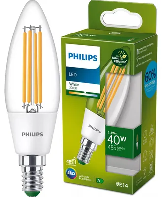 Zdjęcie produktu dla Philips Świeczka żarnikowa przezroczysta 40 W B35 E14, 2,3 W, 40 W, E14, 485 lm, 50000 h, Biały
