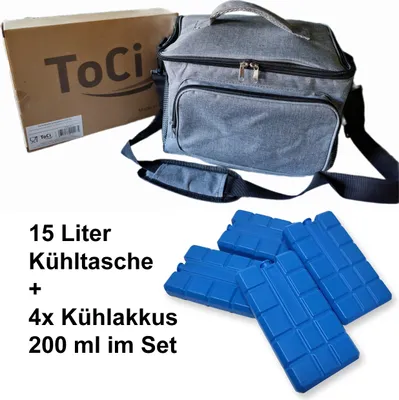 Produktbild von ToCi Kühltasche 15L Grau – Faltbare Picknicktasche für Camping, Strand & Wandern – Thermotasche + 4x 200ml Kühlakkus