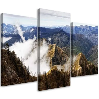 Produktbild von Triptychon auf leinwand nebel in den bergen 90x60 cm Feeby blau wandbild bereit zum aufhängen