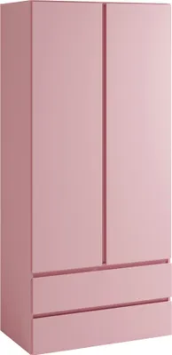 A pink wardrobe with two doors and two drawers.