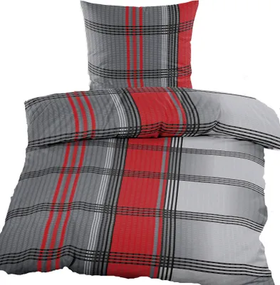 A duvet cover and pillowcase set with a plaid pattern.