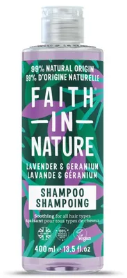 Imagen del producto de Faith In Nature, champú natural de lavanda y geranio, equilibrante para cabello y cuero cabelludo normales, vegano y no testado en animales, sin SLS, siliconas ni