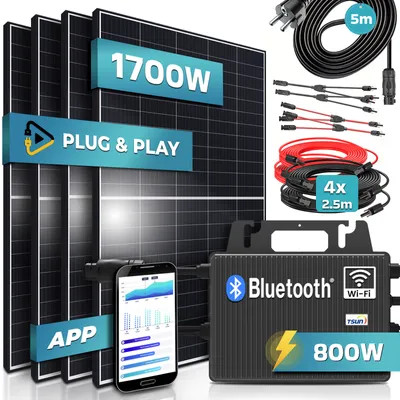Produktbild von SUNNIVA® Balkonkraftwerk 1700/800W Solaranlage, mit TSUN Micro Wechselrichter, 5m Schuko Anschlusskabel, upgradebar drosselbar