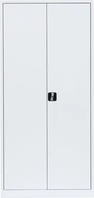 A full-front view of a white cabinet with two doors and a black handle.
