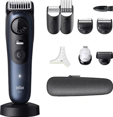 A collection of Braun beard trimmer accessories and the trimmer itself, neatly arranged on a white background.
