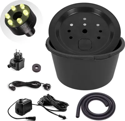 Produktbild von CLGarden Set Springbrunnenpumpe SP1 mit 90l Becken LED Beleuchtung warmweiß GFK Abdeckung PE Wasserbehälter Springbrunnenbecken Gartenbrunnen DIY 12V Pumpe