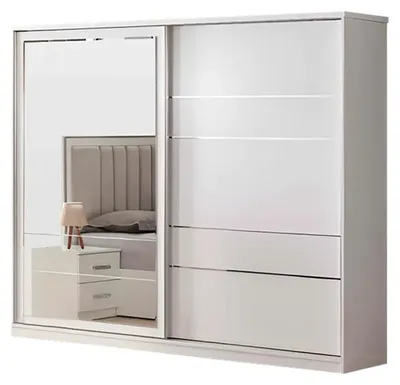 Produktbild von Schrank Holzschrank Kleiderschrank Beige Spiegel Schlafzimmerschrank