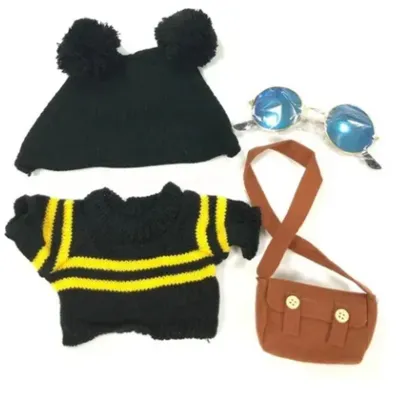 Image de Vêtements de poupée en peluche chapeau noir pull marron sac lunettes de soleil vêtements de poupée en peluche à la mode