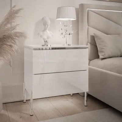 Produktbild von Nachttisch AURORA II SILVER weiß glänzend mit LED-Beleuchtung mit gerade Beine in Chrom