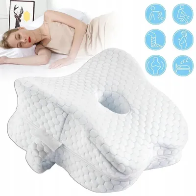 Obrázok produktu pre Polštár pod koleno – ergonomická podložka pod koleno pre spáčich na boku – vyrobená z pamäťovej peny – s fixačným pásikom – odnímateľný a umývateľný poťah – obdĺžnikový tvar