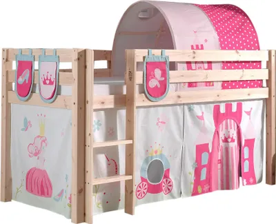 Produktbild von Vipack Spielbett Pino, Liegefläche 90x200 cm mit Textilset Vorhang, Tunnel und 3 Taschen "Princes"