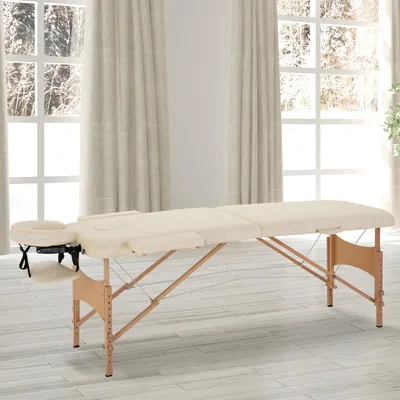 Produktbild von SUGIFT Massagetisch klappbar Buchenholz, Massageliege höhenverstellbar, Massagebank Kunstleder, Cremeweiß | 210 x 81 cm | 9 Stufen 67–92 cm | bis 250 kg