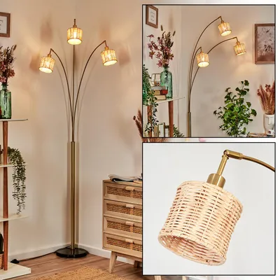 Produktbild von Dello Stehlampe aus Metall/Rattan in Schwarz/Messing gebürstet/Natur