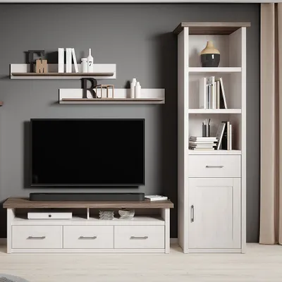 Produktbild von Wohnzimmer Wohnwand im Landhausstil LUND-78 in Pinie weiß Nb./Trüffel Eiche Nb., B/H/T: ca. 223/201/43 cm