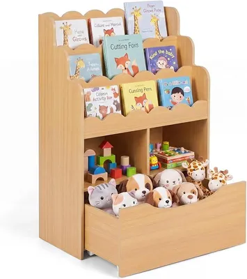 Produktbild von Kinderregal mit 5 Fächern & Schublade auf Rollen (Natur) | Bücherregal Kinder aus Holz, Spielzeugregal montessori, Spielzeugaufbewahrung für Kinderzimmer & Spielzimmer
