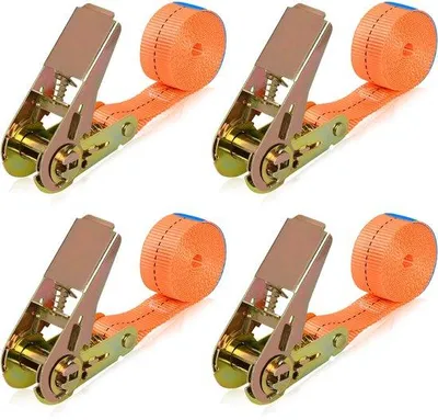 Productafbeelding van Robuuste stalen kabels, 2 meter lang en 25 mm breed, met ratelhouder, set van 4, geschikt voor auto, aanhanger, motor, bagage, kamperen, het vastzetten van lading, draagvermogen 400 kg
