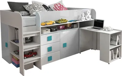 Produktbild von Hochbett Toledo Kinderbett 90x200cm Schreibtisch Weiß Hochglanz Griffe Türkis