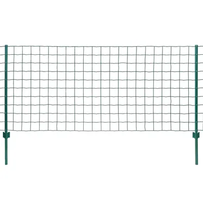 A green metal fence with a grid pattern, supported by stakes on either side, against a white background.