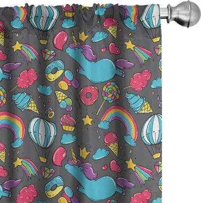 Image de ABAKUHAUS Rideaux licorne, voilages, licornes rêveuses, arcs-en-ciel, nuages, montgolfières, barbe à papa, fantaisie, bébé, dessin animé, 2 pièces, 75 x 245 cm, multicolore
