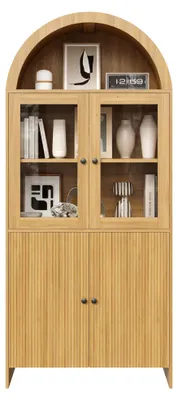 Image de Buffet - aspect bois - vitrine en verre bombé et motif ondulé - espace de rangement fermé