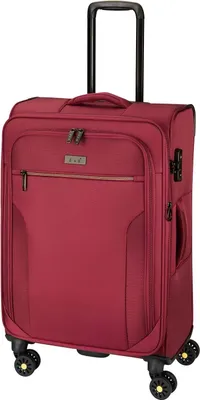 A studio shot of a red suitcase.