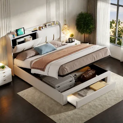 Zdjęcie produktu dla Łóżko tapicerowane 160x200 cm z 2 gniazdami USB i 2 gniazdkami, łóżko młodzieżowe dwuosobowe ze stelażem z listew i schowkiem, łóżko do przechowywania z litego drewna z diodami LED i stelażem z listew, aksamitne, beżowe