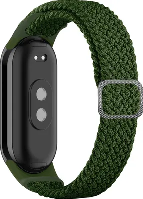 The back of a smart band with a green woven nylon strap.