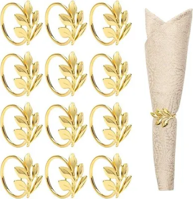 Produktbild von Famanu Serviettenringe Set von 12 mit elegantem Blattdesign - Gold