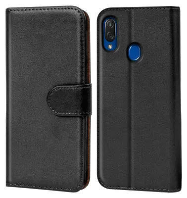 A black flip case for a smartphone is shown from the front and back.
