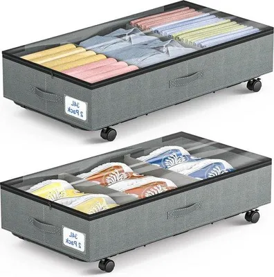 Image de Coffre de rangement sous le lit avec roulettes, gris, armoire pliante