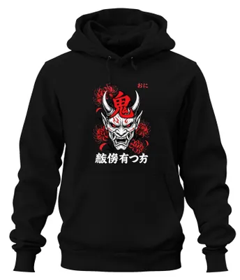 Produktbild von Japanischer Oni Dämon Maske Higanbana Japan Y2K Manga Hoodie Kapuzenpullover, Schwarz, M