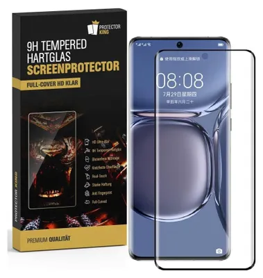 A product shot featuring a smartphone screen protector box and a smartphone with the screen protector applied.
