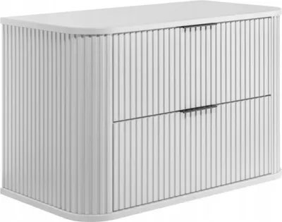 A white, modern cabinet with two drawers, featuring a fluted design on the front and sides.