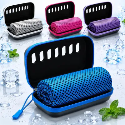 Produktbild von 4 Stück Kühlhandtuch Cooling Towel,30 × 100 cm,Mikrofaser Sporthandtuch,sofort kühlend & schnelltrocknend,mit EVA Aufbewahrungsbox für Fitness,Outdoor