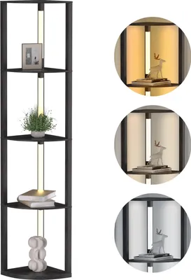 Produktbild von Bettizia Stehlampe Eckregal mit LED Glühbirne, 3 Farbtemperaturen Dimmbar, Vintage Standleuchte mit 3 Ebenen Regal, Stehleuchte für Innenbeleuchtung Wohnzimmer Schlafzimmer, 163cm