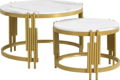 Produktbild von Couchtisch Set Marmoroptik Goldener Metallrahmen Beistelltisch Moduliertes Couchtisch Runde Tische in Zwei Größen für Wohnzimmer