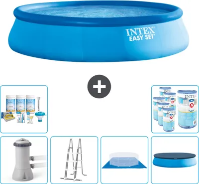 Produktbild von Intex runder aufblasbarer Easy Set-Schwimmpool – 457 x 107 cm – Blau – inklusive Pumpe – Leiter – Bodenplane – Abdeckung Wartungspaket - Filter