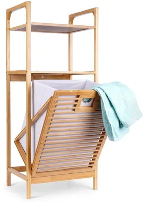 Image de Étagère de salle de bain avec panier à linge en bambou - Autoportante - 2 niveaux - 39,5 x 30 x 49 cm - Marron