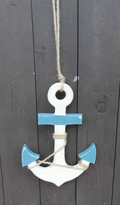 Produktbild von Maritime Deko Anker a. Holz m. Seil blau-weiss Meer Küste 23 cm