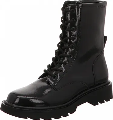 A black patent leather lace-up boot with a thick lug sole.