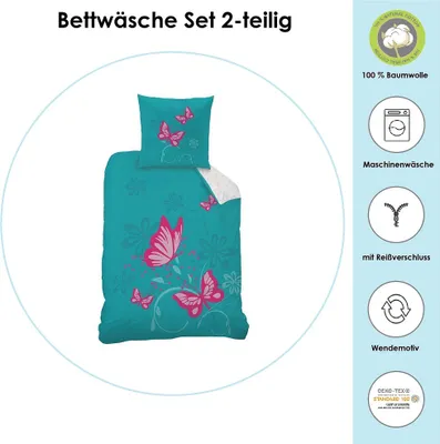 Produktbild von Schmetterling Bettwäsche Set für Mädchen · Kinderbettwäsche 135x200 80x80 cm aus 100% · Wendebettwäsche in weiß und türkis · Motiv Butterfly mit großen und kleinen Schmetterlingen in rosa / pink