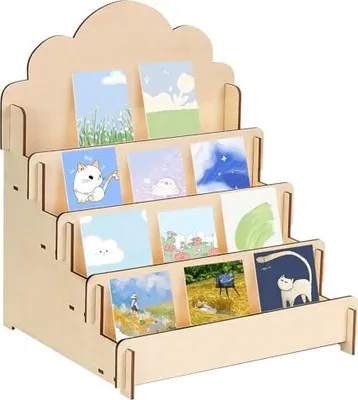 Productafbeelding van Mumisuto kaartenhouders, 4 etages, displaystandaard voor wenskaarten en ansichtkaarten, houten kaartenhouders, multifunctionele brochurehouder, displaystandaard voor stickers