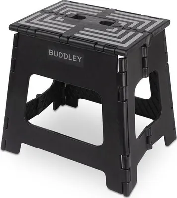 Produktbild von BUDDLEY Tritthocker klappbar – 33,5cm hoher Tritt mit Anti-Rutsch- Tragfähigkeit bis 99 kg - ideal für Küche, Bad, Garage & Camping (Schwarz/XL)
