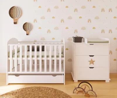 Immagine prodotto di ZEE STAR Set Cameretta Neonato Lettino 120x60 Con Cassetto E Cassettiera Fasciatoio Design Scandinavo Mobile Neonato Stella Naturale