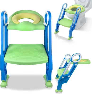 Produktbild von XMTECH Toilettentrainer Toilettensitz Kinder mit Treppe Faltbar Töpfchentrainer Höhenverstellbar WC Trainer mit PolyurethanGepolstert Kissen und Griffen Töpfchen - Blau und Grün
