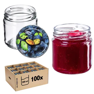 Image de KADAX Bocaux avec couvercle "Lerma", bocaux à conserves, 200 ml, 100 pièces, couvercle avec motif de pruneaux